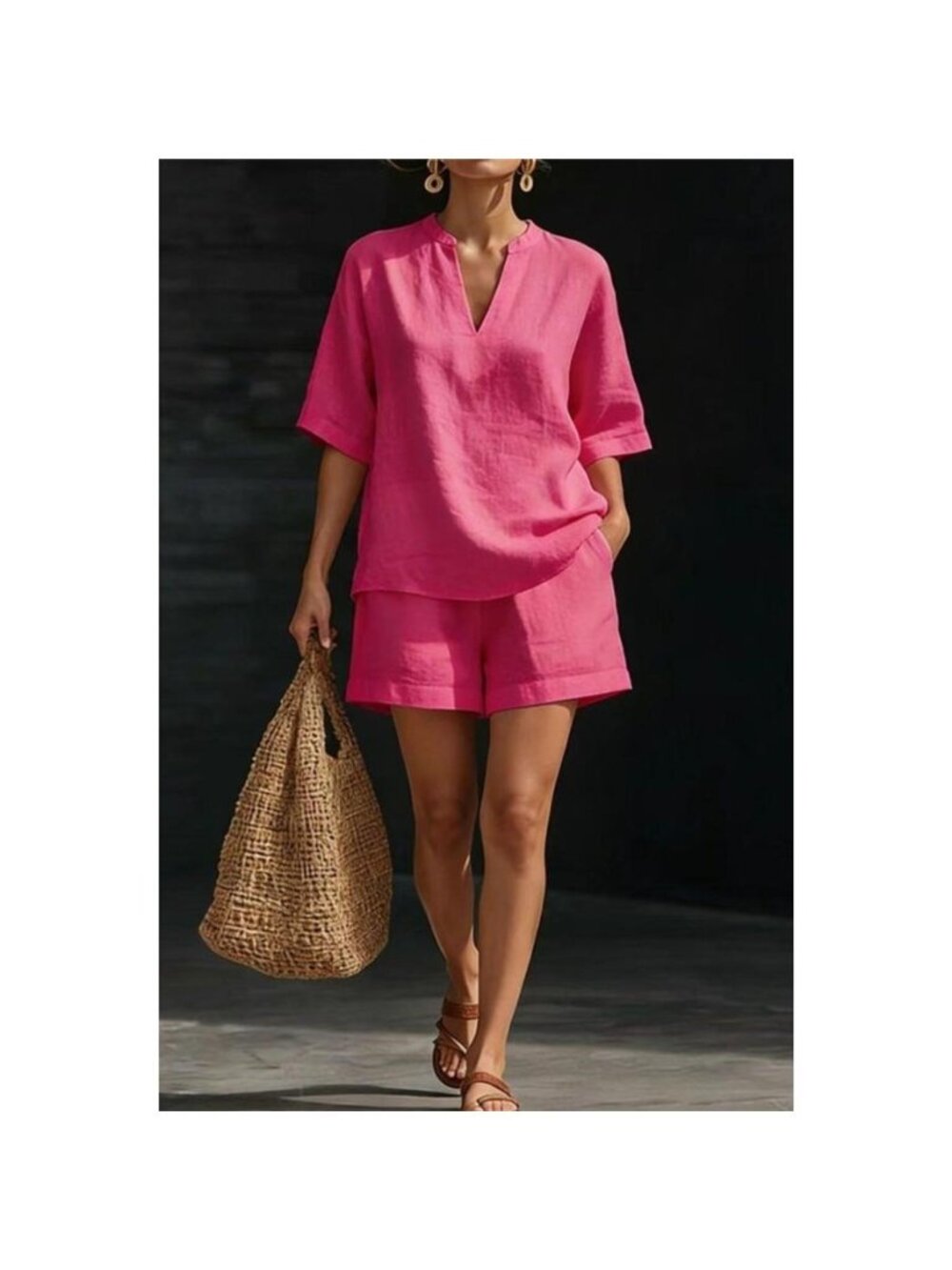 Notched Half Sleeve Top and Shorts Set